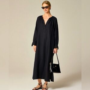 J. Crew “Cabana” Black Linen V-Neck Tie-Waist Maxi Tunic Dress M